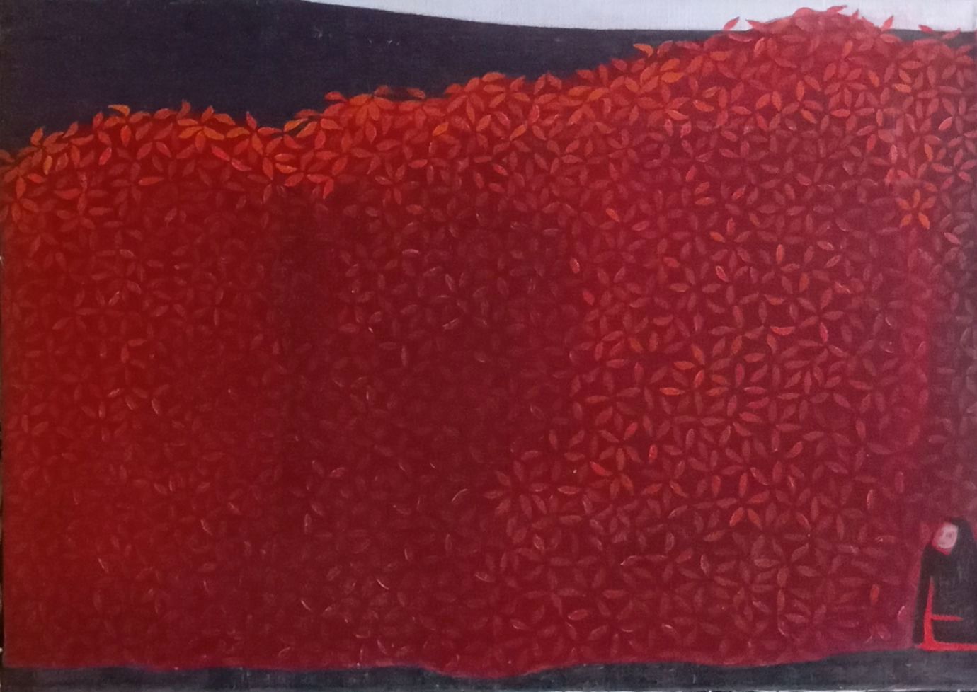 2012 Árboles rojos con Caperucita negra y roja 46x33 Óleo sobre lienzo